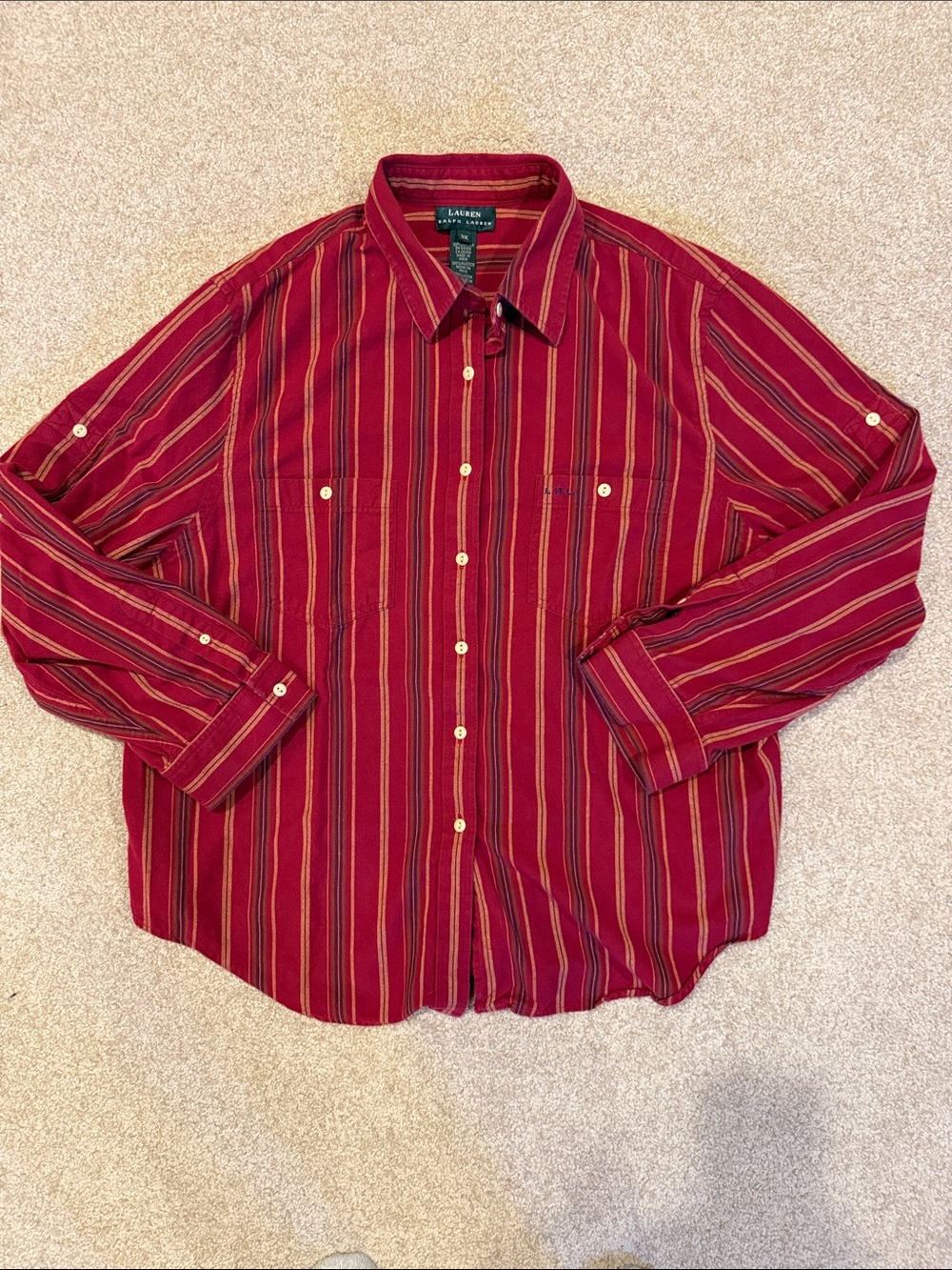 Lauren Ralph Lauren Red and Multicolor Striped Button-Down Shirt
